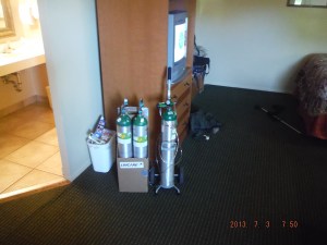 07-03 back at the motel in Durango the Oxygen Bottles and on a concentrator with a 50' foot tubing - a little different perspective on life and living.